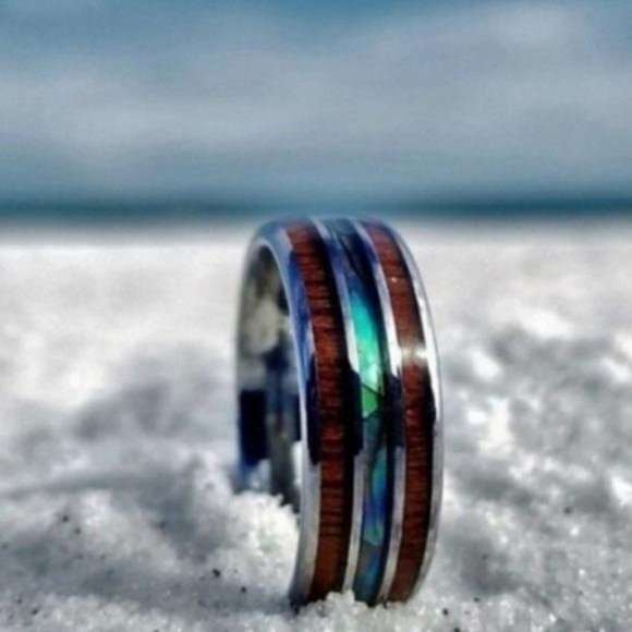 UNISEX TUNGSTEN HAWAIIAN KOA WOOD ABALONE RING - Picture 4 of 7